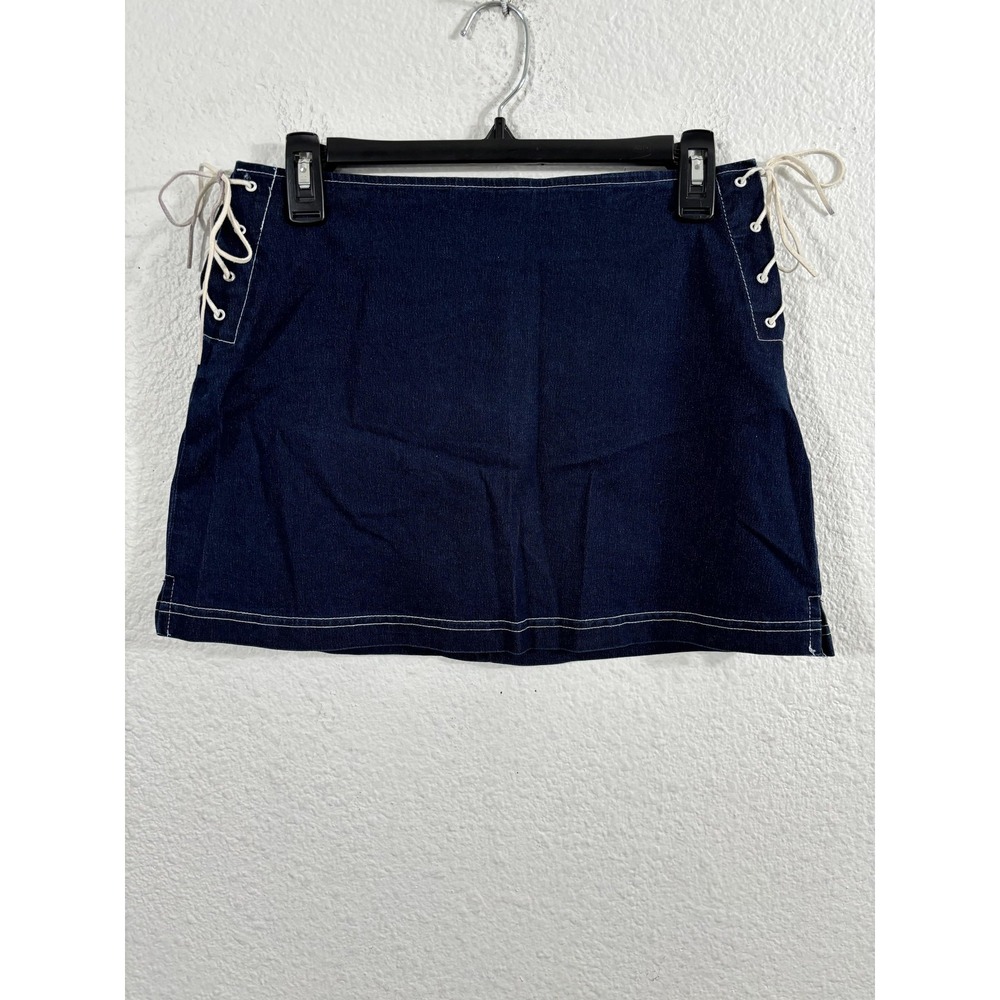 Vintage Rave Denim Mini Skirt Womens Medium Dark Blue Lace Up Sides Made USA 90s